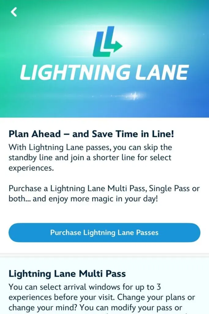 Screenshot of the Lightning Lane Multi Pass purchase page on the My Disney Experience app.