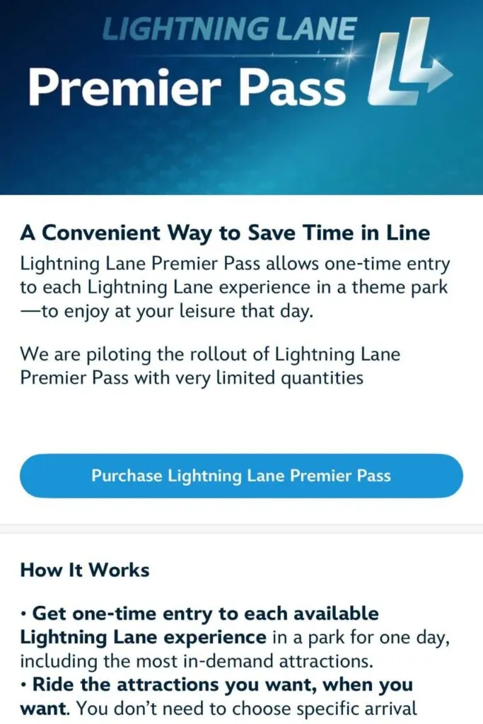Screenshot of the Disney World Lightning Lane Premier pass info page on the My Disney Experience app.