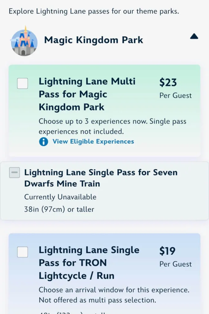 Screenshot of the pricing page for the Magic Kingdom multipass and single passes.