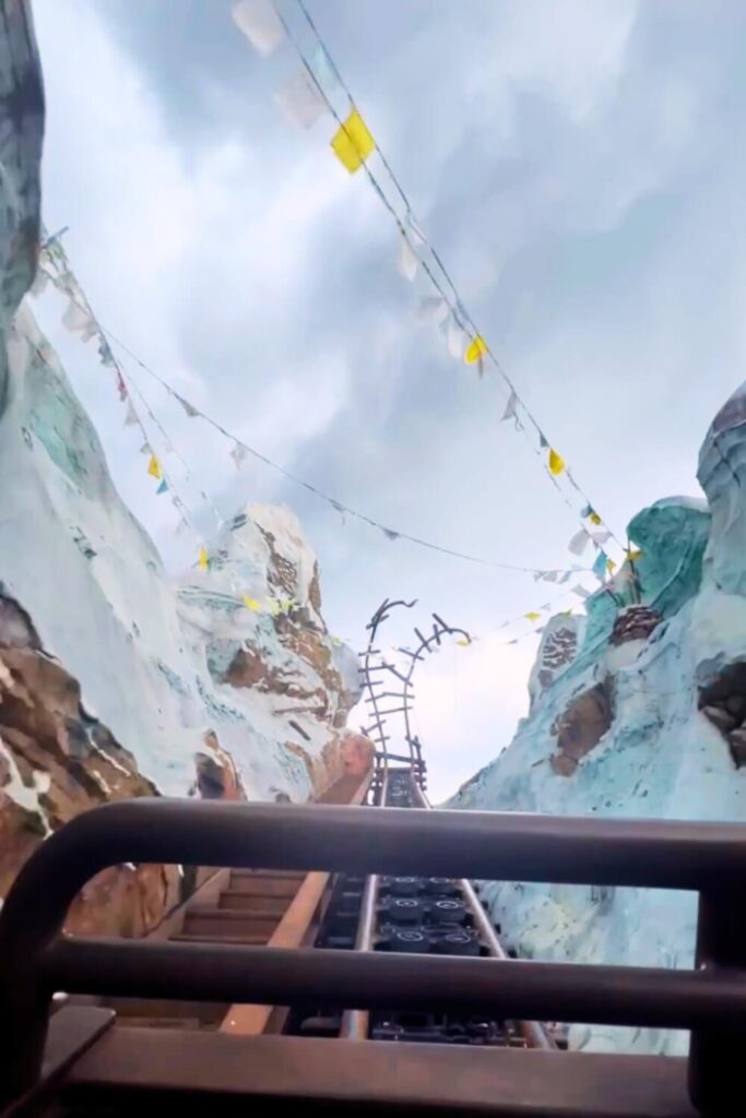 Photo of the broken tracks on Expedition Everest at Disney's Animal Kingdom, with snowy mountains on each side and Nepalese prayer flags strung above.