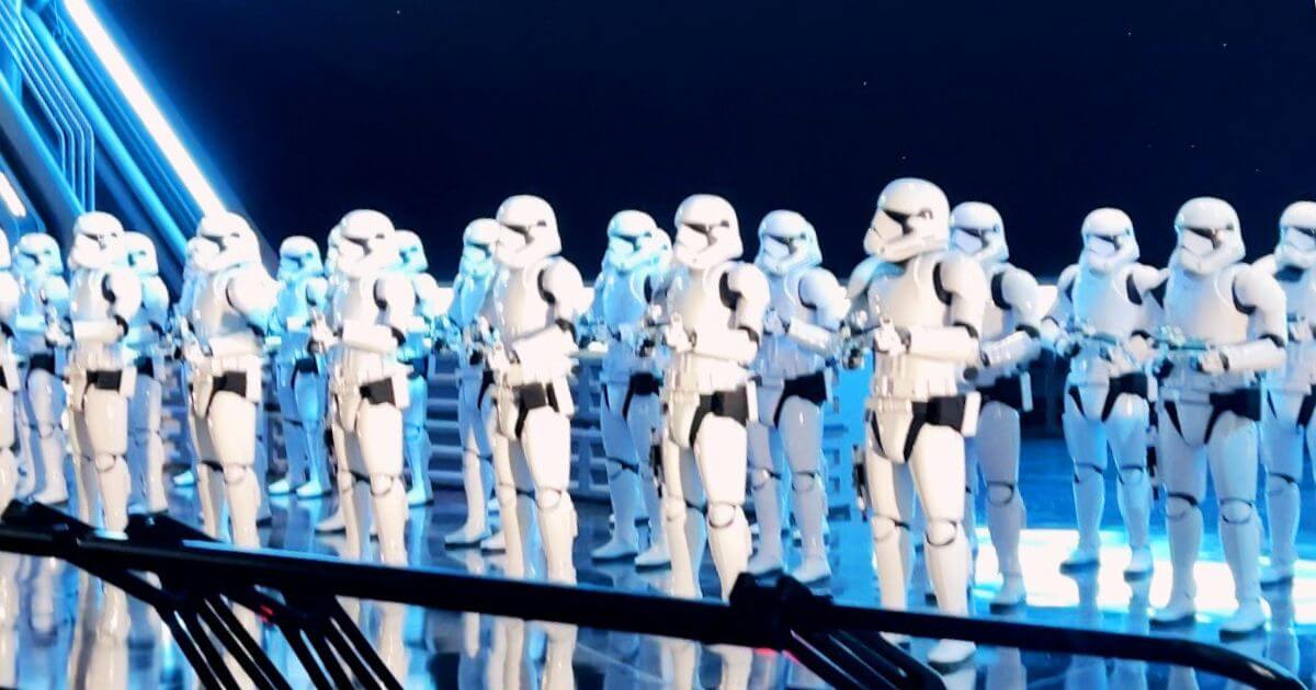 Photo of a large group of Stormtroopers standing guard at Rise of the Resistance at Hollywood Studios.