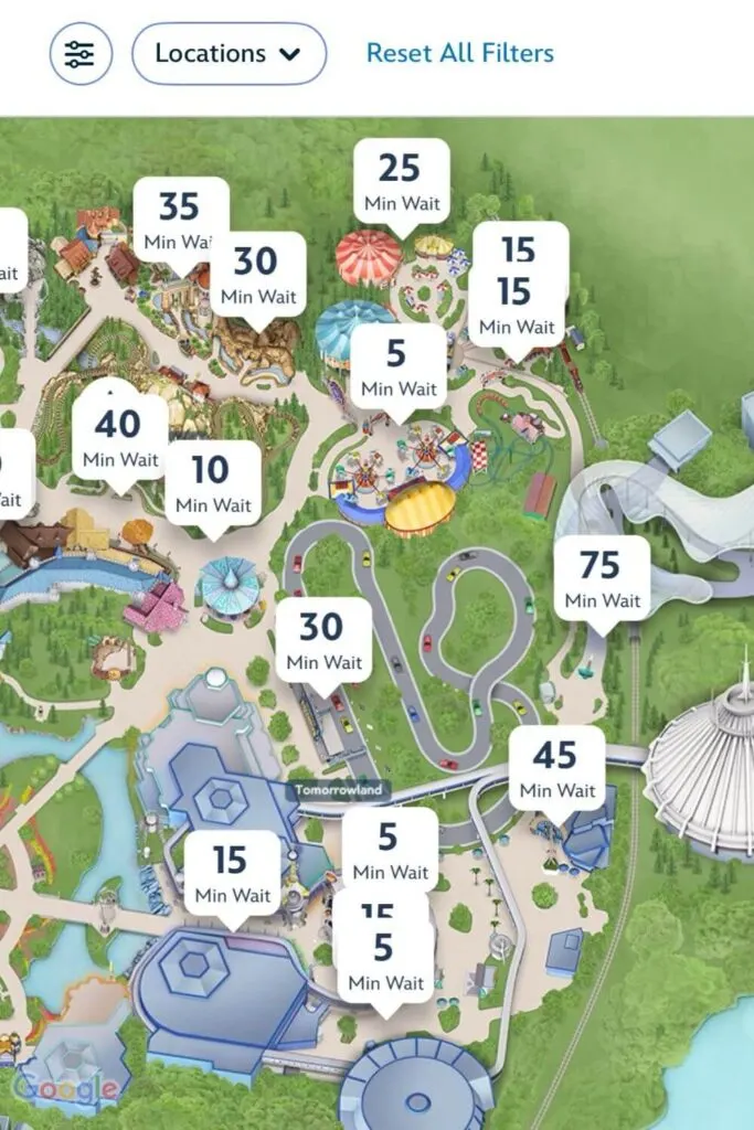 Screenshot of a map of Magic Kingdom with wait times displayed for parts of Fantasyland and Tomorrowland.