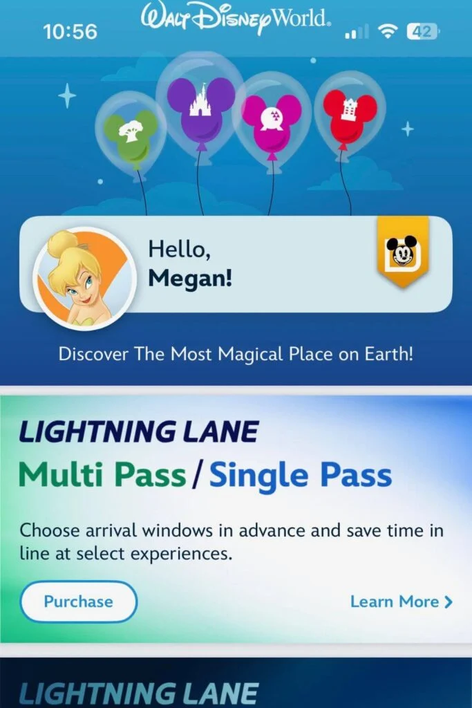 Screenshot of the home page of the My Disney Experience app, showing the Lightning Lane Multi Pass / Single pass section.