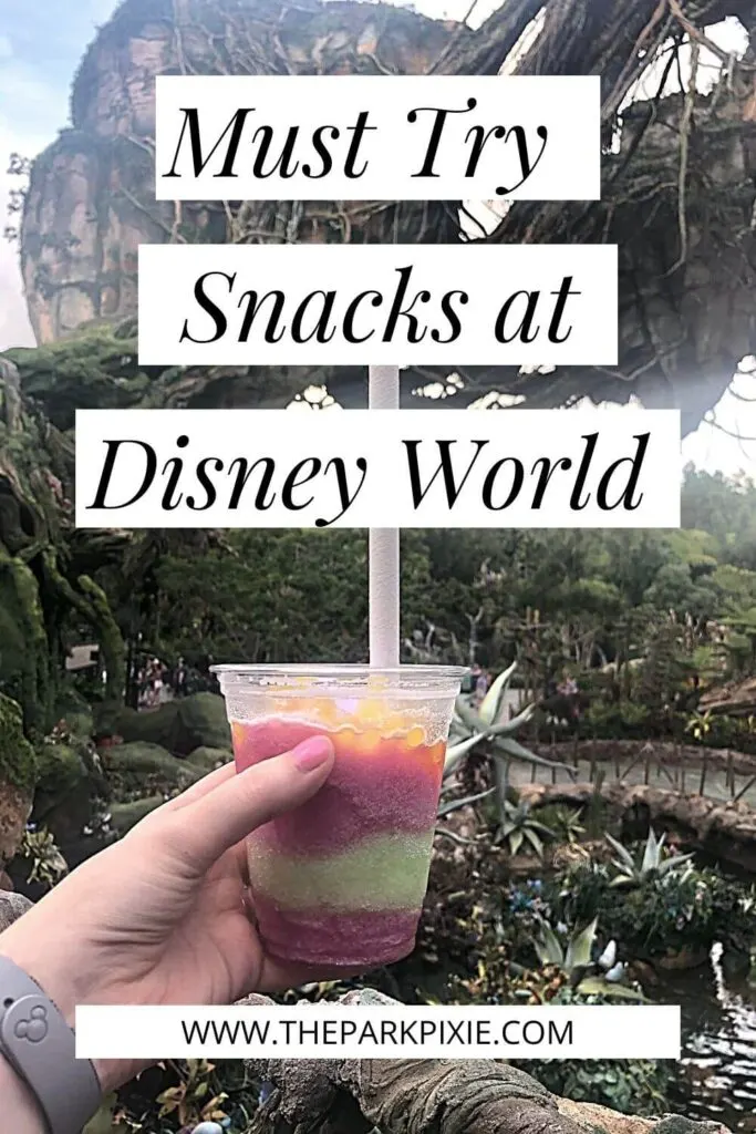 Photo of the Night Blossom slushy from Animal Kingdom. A text overlay reads: Must-Try Snacks at Disney World.