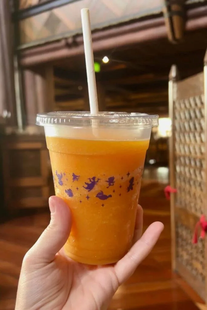 Photo of a cup of a POG juice slushy with Animal Kingdom Lodge in the background.