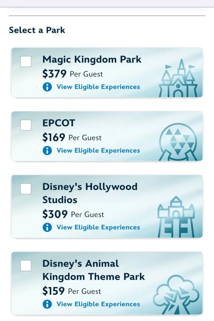 Screenshot of the Select a Park page with pricing for Premier Pass on a single date at Disney World.