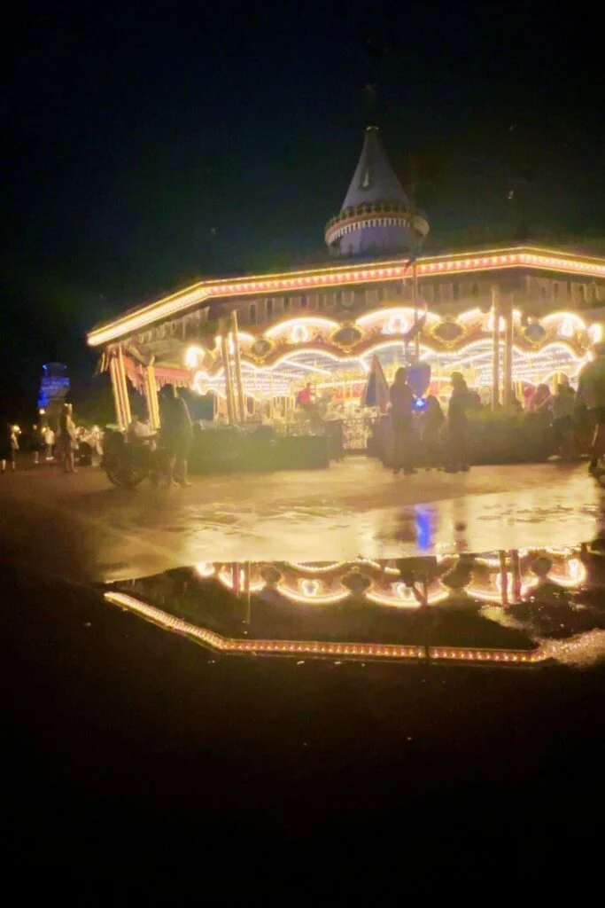 Photo of Prince Charming's Regal Carousel lit up at night, reflecting in a puddle after the nightly fireworks.