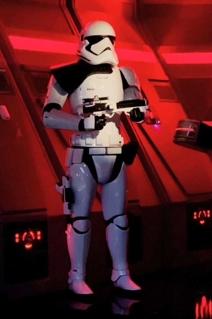 Photo of a stormtrooper standing guard at Star Wars: Rise of the Resistance at Hollywood Studios.