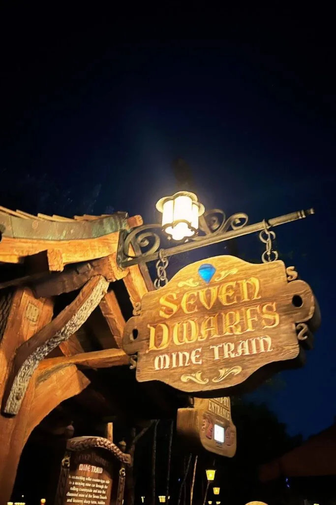 Photo of the entrance to Seven Dwarfs Mine Train at Magic Kingdom at night.