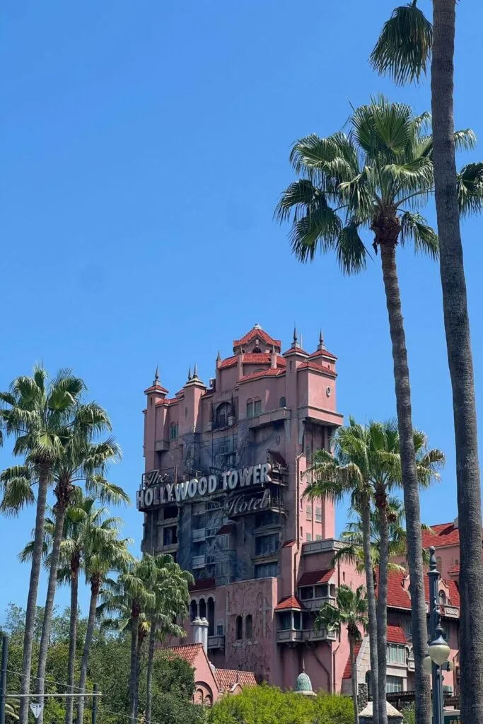 Photo of the Tower of Terror looking down Sunset Blvd at Hollywood Studios.