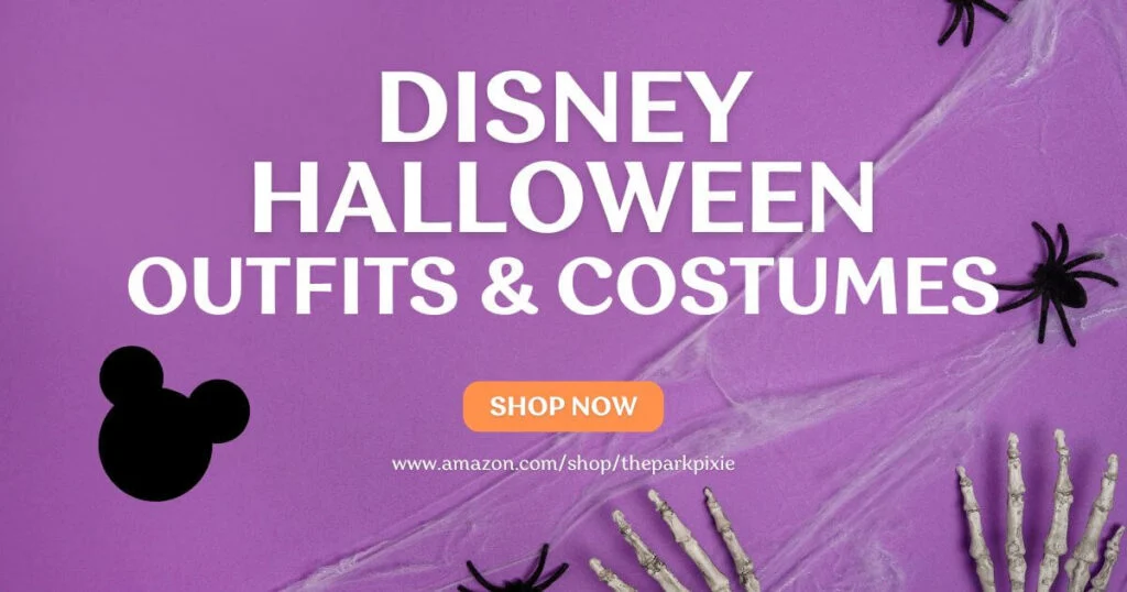 Flatlay photo with fake spiders, decorative skeleton hands, fake cobwebs, and a Mickey Mouse icon. Text in the middle reads: Disney Halloween Outfits & Costumes with a Shop Now button below it.