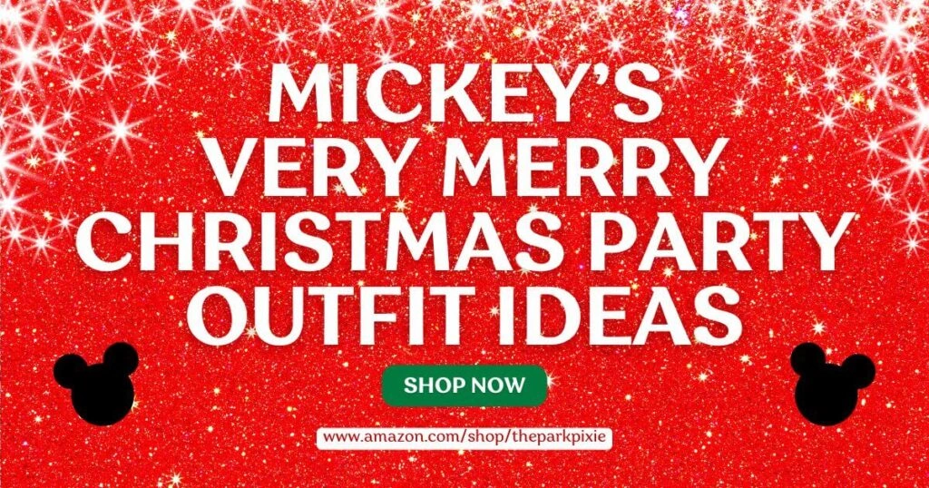Graphic with a red, glittery background with Mickey Mouse icons in the bottom corners. Text in the middle reads: Mickey's Very Merry Christmas Party Outfit Ideas. Below the text is a Shop Now button.